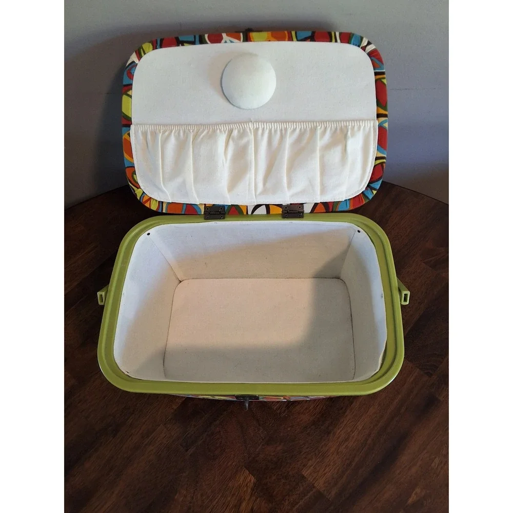 Vintage Style Peace Sign Sewing Basket Organizer Box with Removable Tray Multi